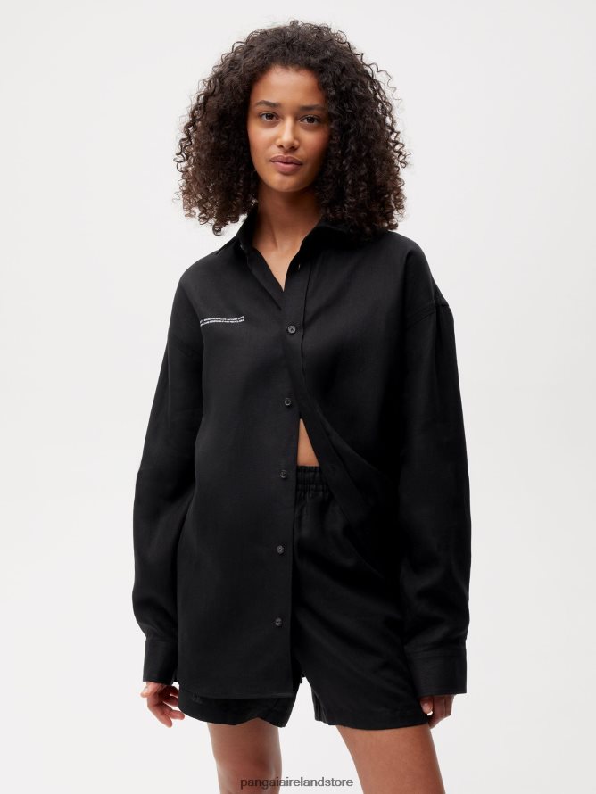 Women Pangaia Clothes Aloe Linen Collared Long Sleeve Shirt TT8Z42398 Black