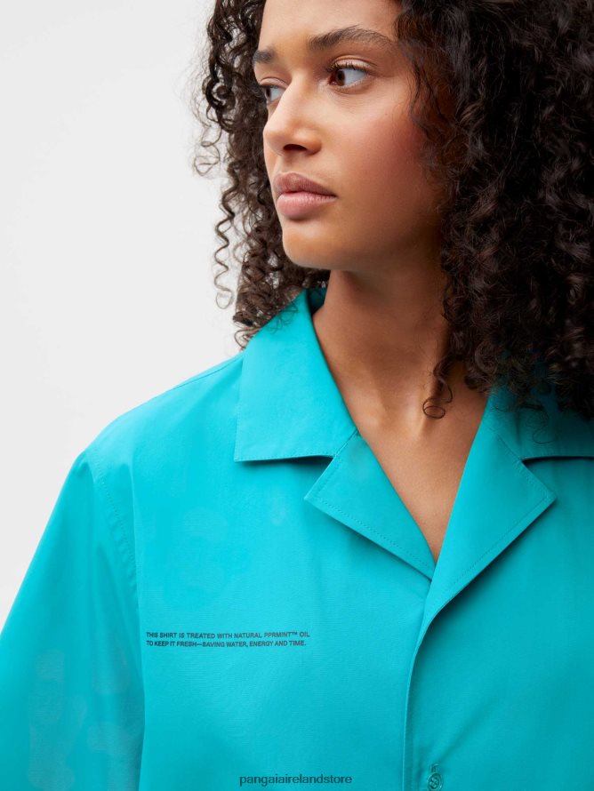 Women Pangaia Clothes Organic Cotton Poplin Short Sleeve Shirt TT8Z42393 Peacock Blue