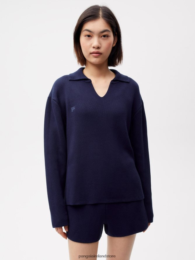 Women Pangaia Clothes Open Collar Knit Jumper TT8Z4299 Navy Blue