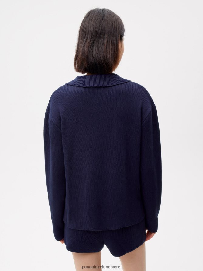 Women Pangaia Clothes Open Collar Knit Jumper TT8Z4299 Navy Blue