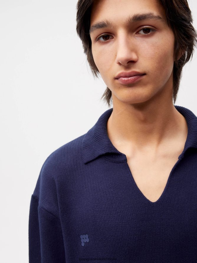 Women Pangaia Clothes Open Collar Knit Jumper TT8Z4299 Navy Blue
